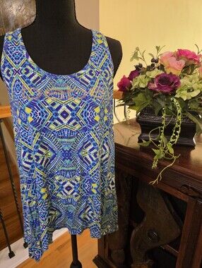 bebe Vintage Blue and Lime Geometric Racerback One-Piece Tank Top Size Medium